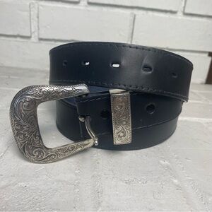 Vintage western concho belt black leather silver buckle Southwest cowboy boho M